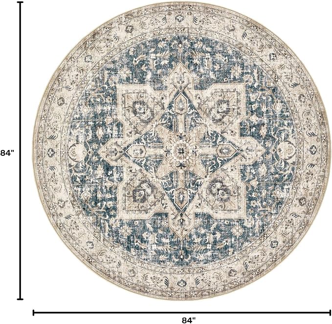 Tortania 7' Round Area Rug Living Room Rugs - Washable Boho Rug Vintage Oriental Distressed Farmhouse Large Thin Indoor Carpet for Bedroom Under Dining Table Home Office - Cream/Blue