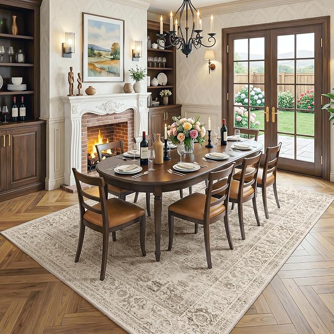 FMFUNCTEX 5x7 Washable Area Rug Neutral Vintage Brown Distressed Non Slip Low Pile Traditional Indoor Carpet for Living Room Bedroom Soft Retro Mat Throw Rug for Dining Office Kitchen Dorm Entryway