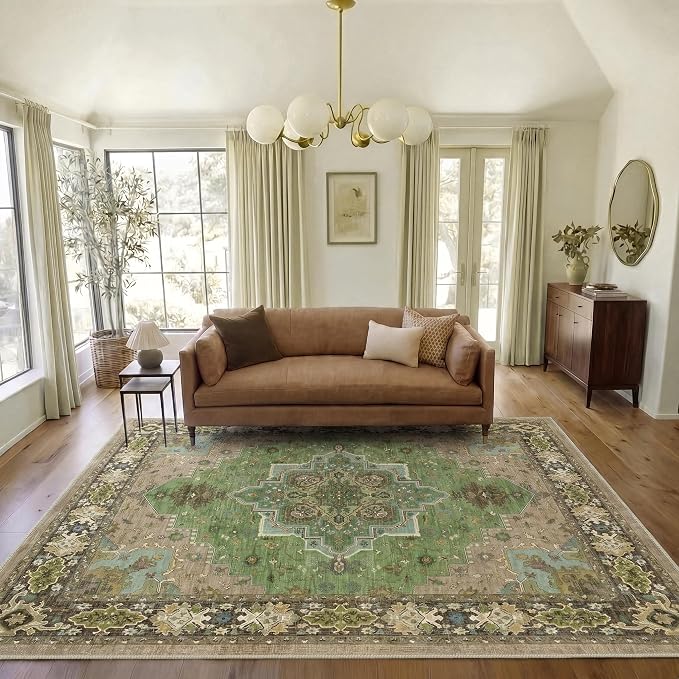 AMADA HOMEFURNISHING 5x7 Area Rug for Living Room, Vintage Washable Area Rug Low-Pile & Non-Slip Carpet for Bedroom Dining Room Nursery Home Office, Green