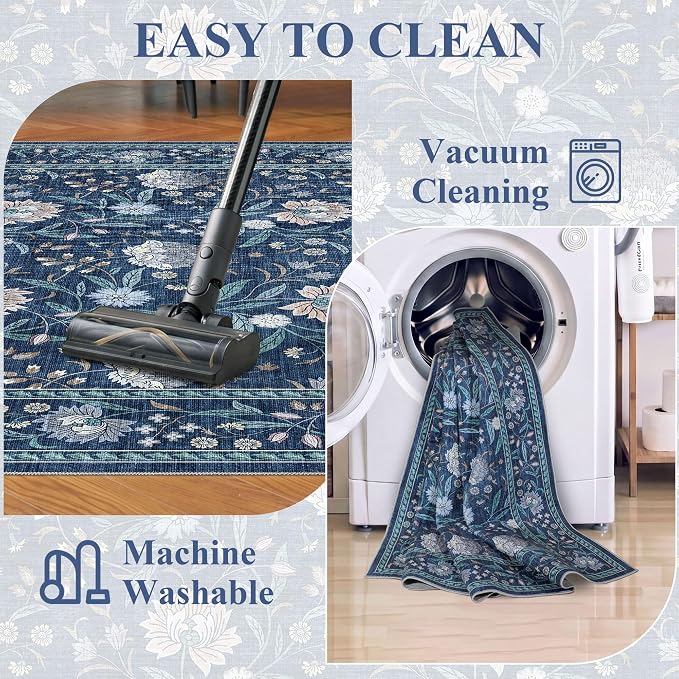 DUKINO 9x12 Area Rug for Living Room Vintage Floral Washable Rug, Dark Blue | Non Slip, Low Pile, Non-Shedding, Stain Resistant, Aesthetic Soft Indoor Large Carpet for Bedroom Dining Room Farmhouse
