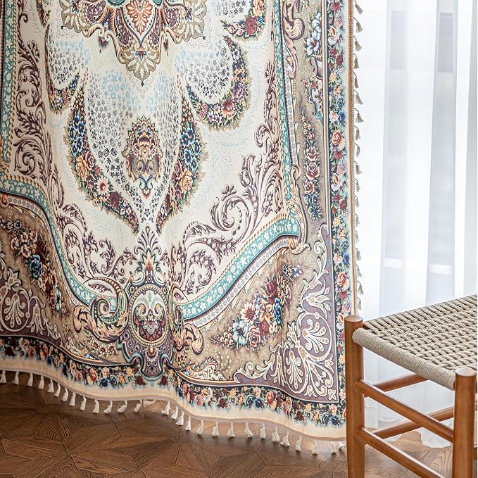 Brown Medallion Curtains 84 Inches Long, Vintage Paisley Boho Farmhouse Light Filtering Rod Pocket Drapes with Tassel Trim for Bedroom Living Room, 2 Panels