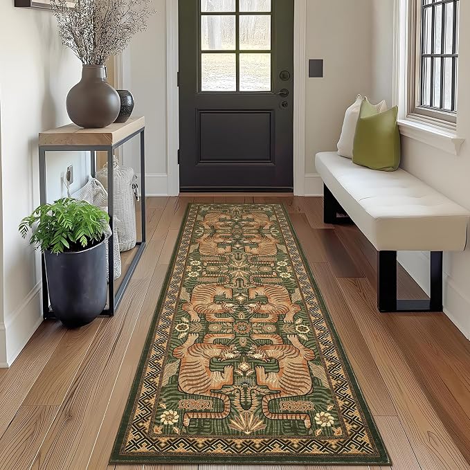 GarveeHome Tiger Print 2'x6' Washable Non Slip Runner Rugs for Hallways, Boho Green Kitchen Runner Ultra Thin Soft Vintage Tribal Indoor Throw Floor Carpet for Entryway Bedroom Bathroom