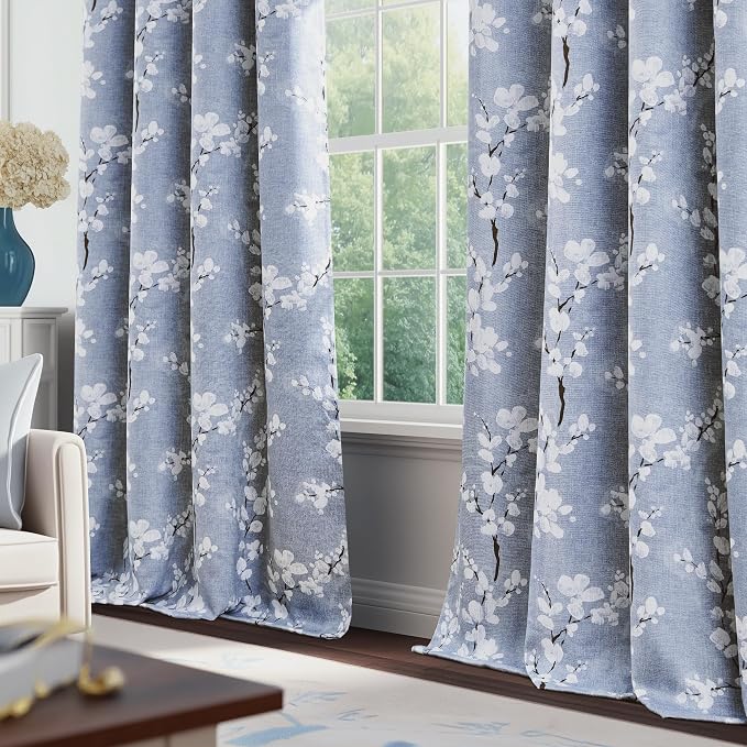 FMFUNCTEX 100% Blackout Blue Floral Curtains 72 Inch Long Grommet 2 Panels | Black Out Drapes, Thermal Insulated Cottage Farmhouse, Blossom Flower Patterned Curtain for Bedroom, Living Room Darkening