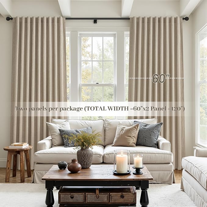 Blackout Curtains 60 Inches Extra Wide Grey Beige Linen Curtains 102 Inch Length for Living Room, Pleated Farmhouse Bedroom Thermal Drapes for Winter Large Window Energy Efficient(60"W x 102"L2Panels)