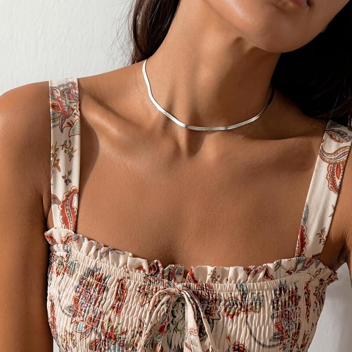 WomenGifts 14K Gold Silver Plated Herringbone Necklace for Women, Dainty Snake Chain Choker, Trendy Simple Long Layered Jewelry Non Tarnish, 3/4/5/8mm,14,16,18,20,22,24,26 Inch Thin & Chunky Options