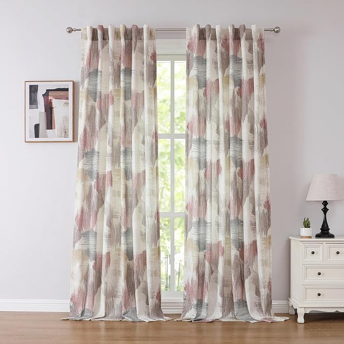 Kayne Studio Boho Geo Semi Sheer Curtain Panels Curtains,Red Tan Watercolor Print Light Filtering Farmhouse Drapes for Living Room Bedroom, Back Tab Rod Pocket Window Treatment,W52 x L95,Brown,2 PK