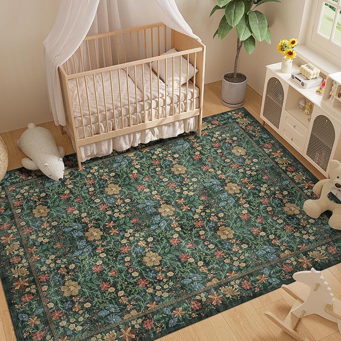 DUKINO 8x10 Area Rugs, Vintage Floral Washable Rug for Living Room, Green | Non Slip, Low Pile, Non-Shedding, Stain Resistant, Aesthetic Soft Indoor Large Carpet for Bedroom, Dining Room, Farmhouse