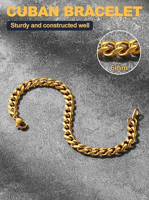 U7 Link Bracelets for Men, Cuban Link/Rope/Watch Band Solid Bracelet, Silver Black Gold Color Wrist Bracelet 3/6/9/12/15mm Width, 6.5/7.5/8.3 Inch Length, Hand Chain Jewelry for Mens Women
