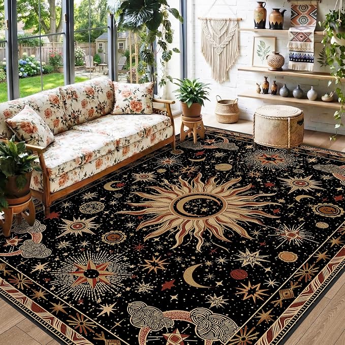 Vacuum-Friendly, 6x9 Washable Area Rug, Black Gold Beige Red | Sun and Moon Boho Gothic Non-Slip Low Pile Living Roon Bedroom Dining Room Kitchen Entry Entryway Entrance Hallway Doormat