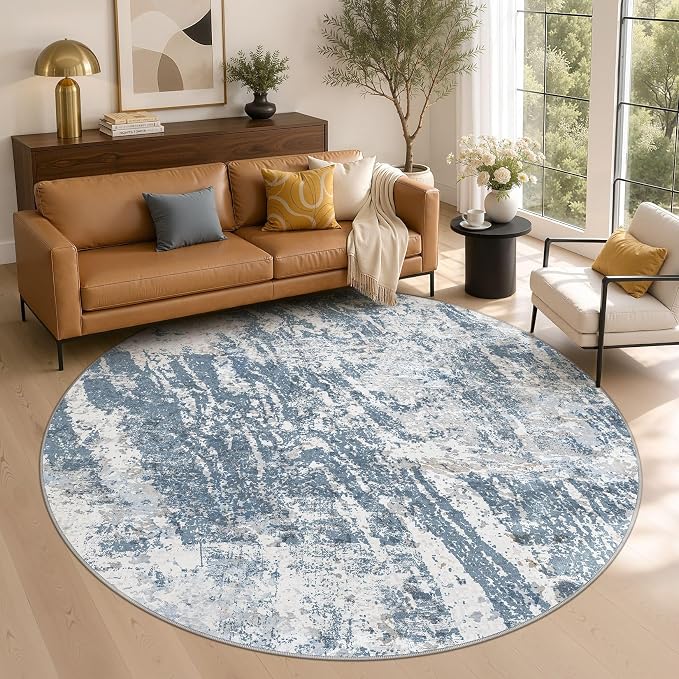 DMOYEST 8ft Round Washable Area Rug for Living Room: Modern Abstract Neutral Circle Carpet, 8x8 Soft Low Pile Non-Slip Floor Mat for Bedroom Under Dining Table, Kids & Pet - Blue