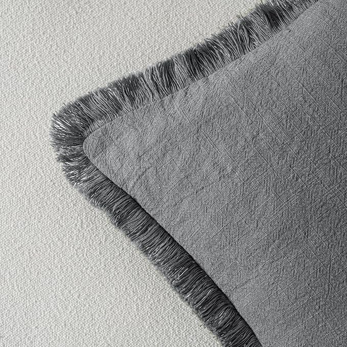 MIULEE Decorative Throw Pillow Covers Neutral Linen Fringe Throw Pillows Set of 2 Grey Boho Farmhouse Cushion Covers with Tassels for Couch Sofa Bed Living Room Spring Decor 18x18 Inch
