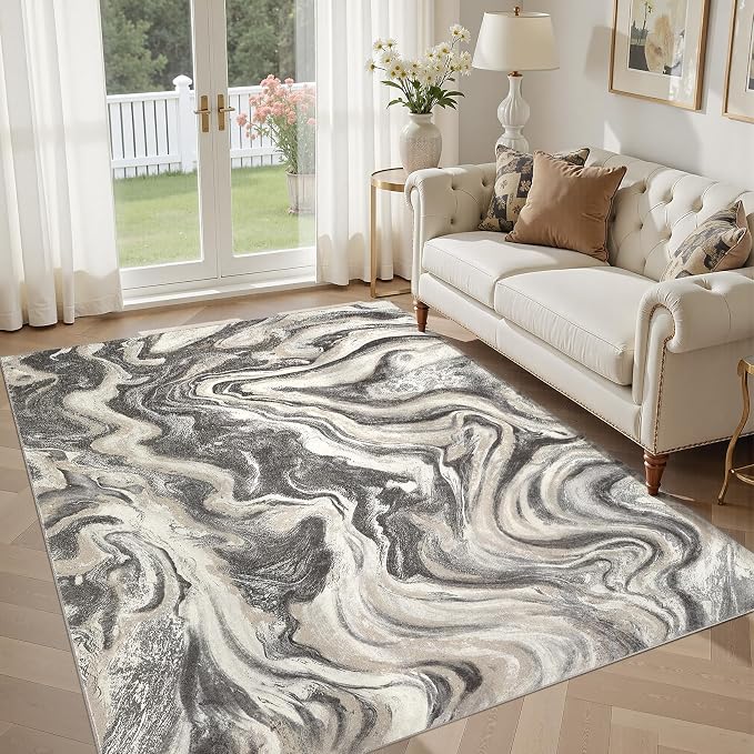 DMOYEST 5x7 Washable Area Rug for Living Room,Non Slip Abstract Rugs,Modern Soft Low Pile Carpet for Bedroom,Dining Room,Home Office-Ash Grey
