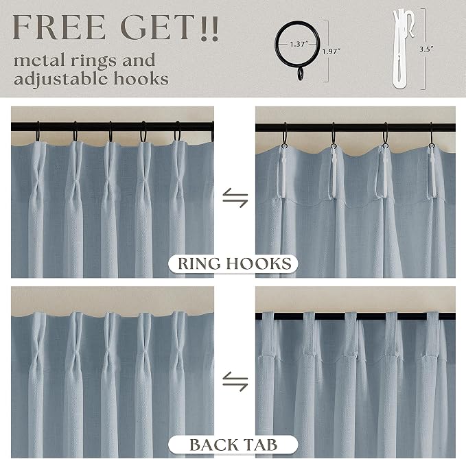 Dusty Blue Pinch Pleated Linen Semi Sheer Curtains 45 Inch Length 2 Panels | for Kitchen Small Bay Window Basement, Pinch Pleated with Hooks Rings Back Tab, Memory Shape, Thick Linen Semi Sheer, W40xL45
