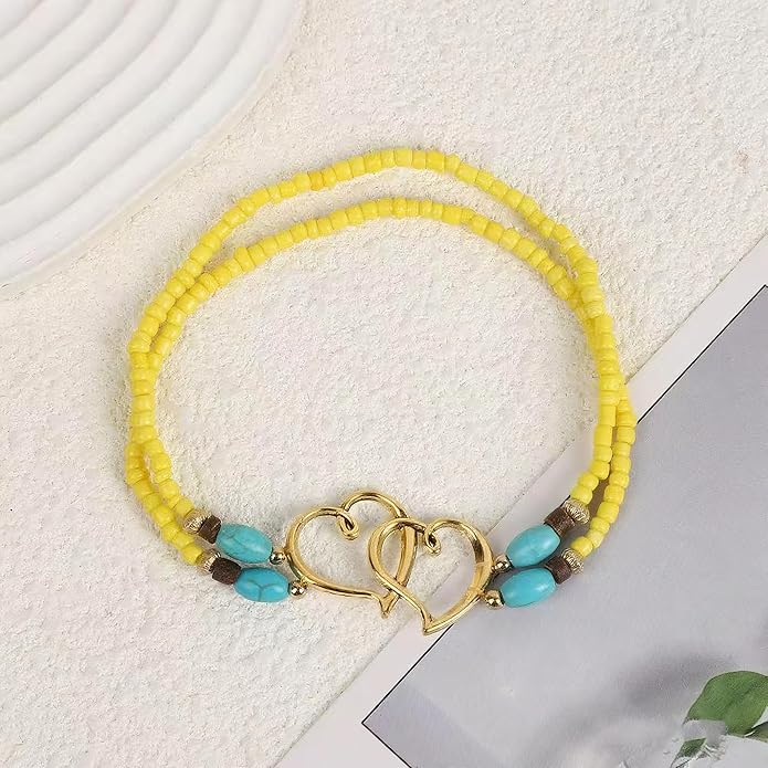 Elastic Beaded Ankle Bracelets for Women Double Heart Layered Stretch Ankle Bracelets Waterproof Dainty Boho Beaded Anklets for Summer Beach Foot Jewelry