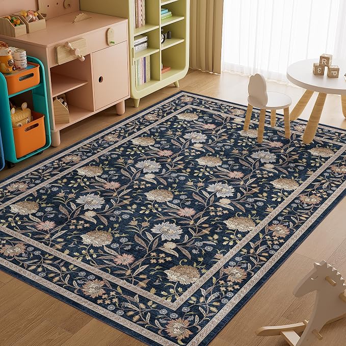 DUKINO 6x9 Area Rug, Vintage Floral Washable Rugs for Living Room Navy Blue | Non Slip, Low Pile, Non-Shedding, Stain Resistant Soft Large Carpet for Bedroom Home Office Dining Room Farmhouse, Home Decor