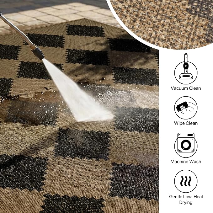 GENIMO Indoor Outdoor Area Rug 5'x8', Checkered Easy Jute Rug Machine Washable, Easy-Cleaning, Non Slip Geometric Outdoor Carpet for Patio, Living Room, Backyard, Porch, Deck, Balcony, Diamond Brown