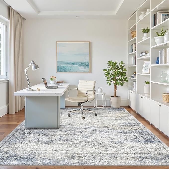 5x7 Area Rugs for Living Room,Large Washable Rug,Blue | Rugs for Bedroom,Dining Room,Office,Low Pile,Soft, Neutral Rug,Stain Resistant Indoor Carpet,Non Slip,Home Decor