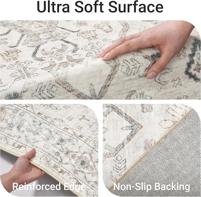 befbee 8x10 Area Rugs for Living Rooms, Stain Resistant Neutral Washable Rugs for Dining Rooms, Floral Vintage Non-Slip Thin Large Size Area Rug(Light Grey)
