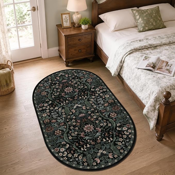 3x5 Oval Rug Black Floral Washable Rug,Soft Lightweight Low Pile Non-Shedding Carpet,Machine Washable Stain Resistant Non-Slip for Entryway,Bedroom,Mudroom,Living Room