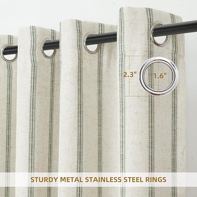 DriftAway Farmhouse Stripe Blackout Curtains, Grommet, W52xL84, Loden Green | Blackout, Linen Texture, Stripe Pattern, Rod Pocket & Back Tab, Two Layers, Bedroom Living Room Use, Sound Reducing Design