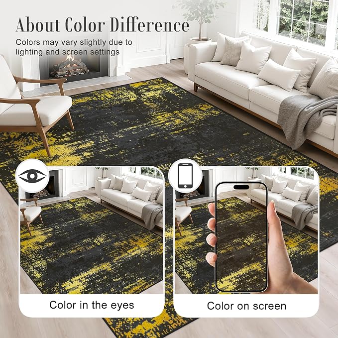9x12 Area Rug Living Room Rug: Washable Modern Abstract Soft Thin Rug Indoor Floor No Slip Carpet for Bedroom Dining Room Farmhouse Nursery Home Office - Dark Black Gold