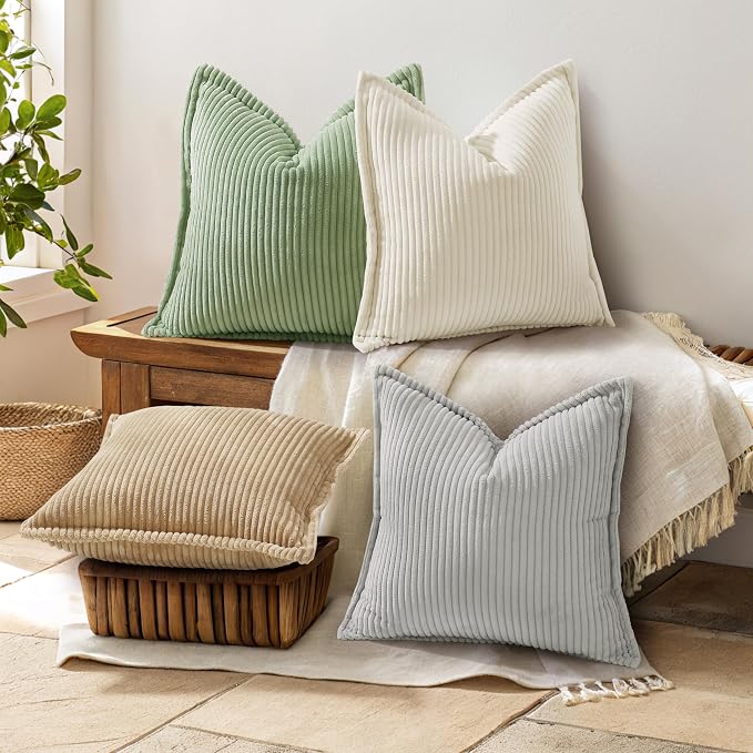 decorUhome Fall Corduroy Sage Green Throw Pillow Covers 18x18 Set of 2 | Couch Decorative Soft Modern Boho Farmhouse Pillow Covers Broadside Striped Pillow Cases for Living Room Bed Sofa
