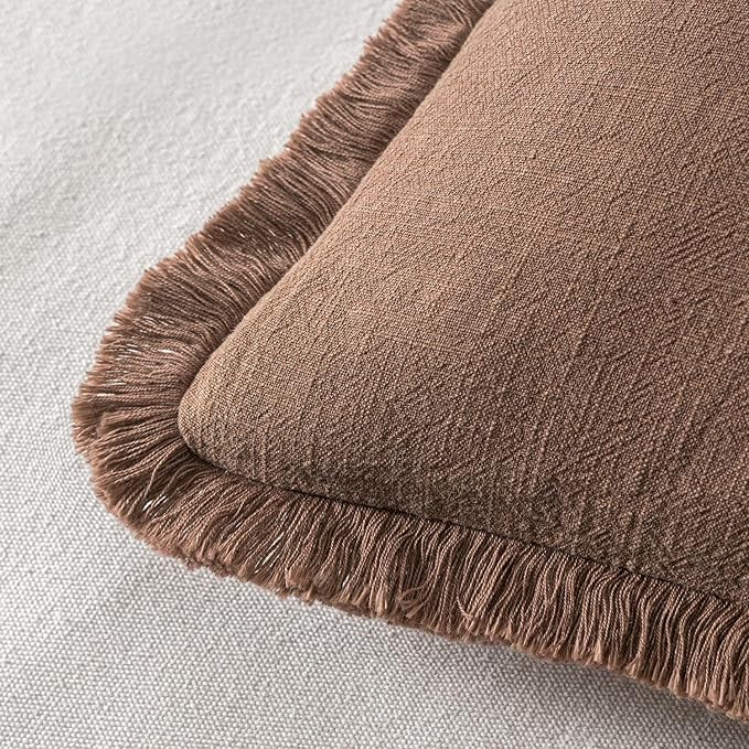 MIULEE Decorative Throw Pillow Covers Neutral Linen Fringe Throw Pillows Euro Shams Set of 2 Dark Coffee Boho Farmhouse Cushion Covers for Couch Sofa Bed Living Room Fall Home Decor 22x22 Inch
