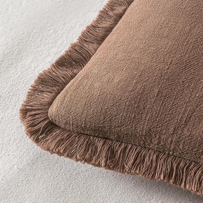 MIULEE Decorative Throw Pillow Covers Neutral Linen Fringe Throw Pillows Euro Shams Set of 2 Dark Coffee Boho Farmhouse Cushion Covers for Couch Sofa Bed Living Room Fall Home Decor 24x24 Inch