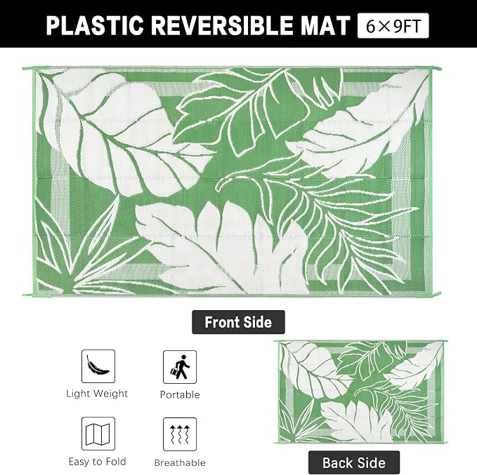 HUGEAR 6'x9' Outdoor Rug Waterproof Plastic Straw Rugs Green Reversible Olive Leaf Mat Floor Carpet for Camping RV Deck Entryance Porch Picnic Balcony Beach Backyard