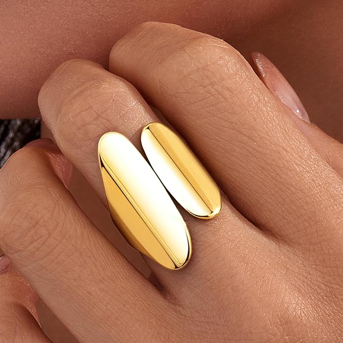 Gelbesty Waterproof Gold Statement Rings for Women, 14K Gold Plated Chunky Open Stackable Rings Non Tarnish Fashion Adjustable Stainless Steel Pinky Knuckle Signet Vintage Ring Jewelry Size 5-11