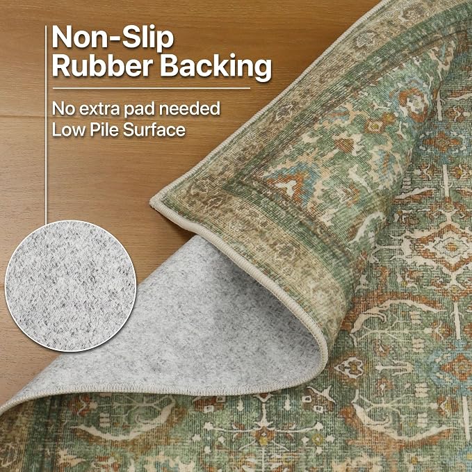 BESBLEE 8X10 Area Rugs Machine Washable Rugs for Living Room, Vintage Boho Large Rugs for Bedroom Dining Room, Non Slip Indoor Soft Distressed Lightweight Thin Low Pile Carpet, Deep Green