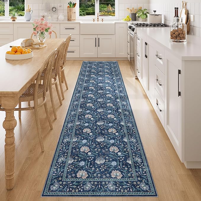 DUKINO 2x8 Runner Rug, Washable Vintage Floral Kitchen Rugs, Dark Blue | Non Slip, Low Pile, Stain Resistant Aesthetic Soft Carpet Runner for Hallway Bathroom Entryway Bedroom Farmhouse Laundry Room