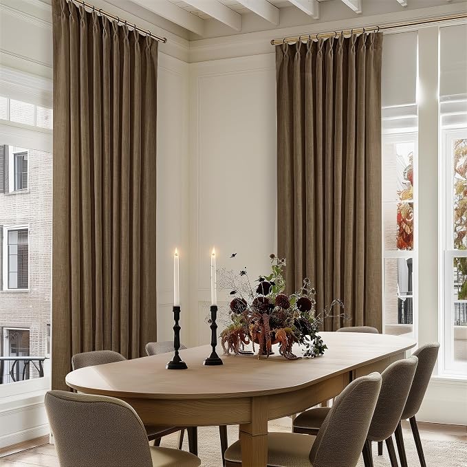 Dutch Cocoa Pinch Pleat Linen Curtains 102 Inches Long 60 Inch Wide 1 Panel | Light Filtering Semi Sheer Privacy, Room Divider, Pinch Pleat Curtains for Sliding Door Dining Bedroom Large Window, W60xL102