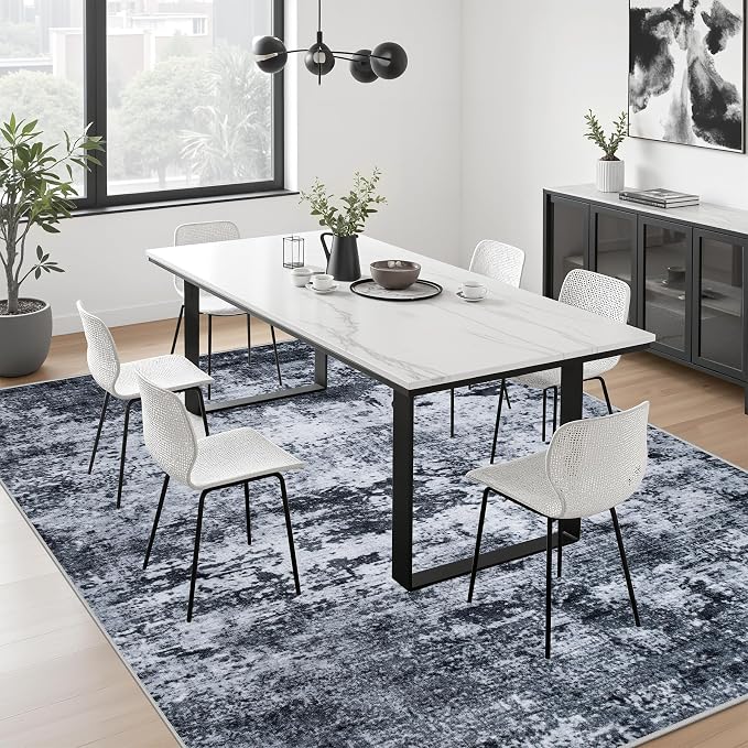 8x8 Area Rug Living Room Rug: Washable Modern Abstract Soft Thin Rug Indoor Floor No Slip Stain Resistant Carpet for Bedroom Dining Room Farmhouse Nursery Home Office - Black