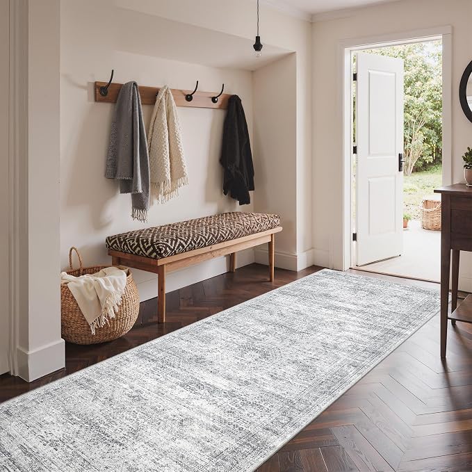 3x8 Runner Rug Non Slip,Washable Hallway Runner Rug,Grey | Neutral Rugs for Kitchen,Entryway,Bedroom,Bathroom,Nursery Room,Thin,Soft Runner Rug,Stain Resistant Indoor Carpet