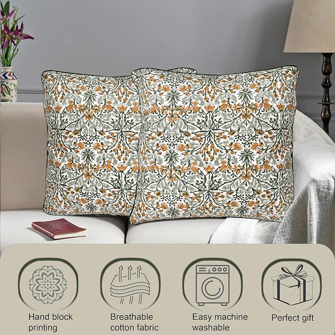 Ridhi Block Print Goldenrod Yellow Pillow Cover 18" x 18" (Pack of 2) Decorative Couch Pillows for Living Room, Farmhouse Chic Boho Cute Outdoor Pillows Covers Gifts for Spring, Mother's Day