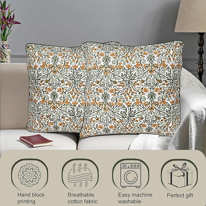 Ridhi Block Print Goldenrod Yellow Pillow Cover 16" x 16" (Pack of 2) Decorative Couch Pillows for Living Room, Farmhouse Chic Boho Cute Outdoor Pillows Covers Gifts for Spring, Mother's Day
