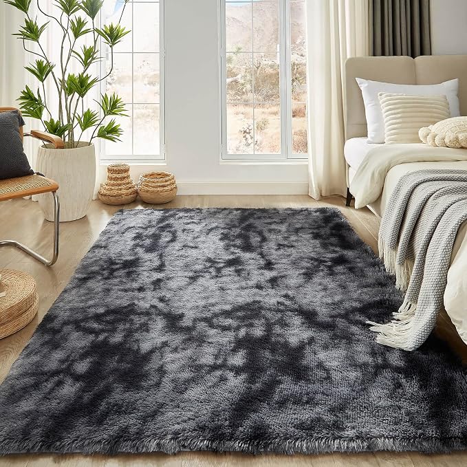 Floralux Large Shag Area Rugs 6x9 for Bedroom, Tie-Dyed Dark Grey, Plush Rugs for Living Room, Ultra Soft Fluffy Carpet, Non-Slip Indoor Floor Carpets for Kids Room, Playroom