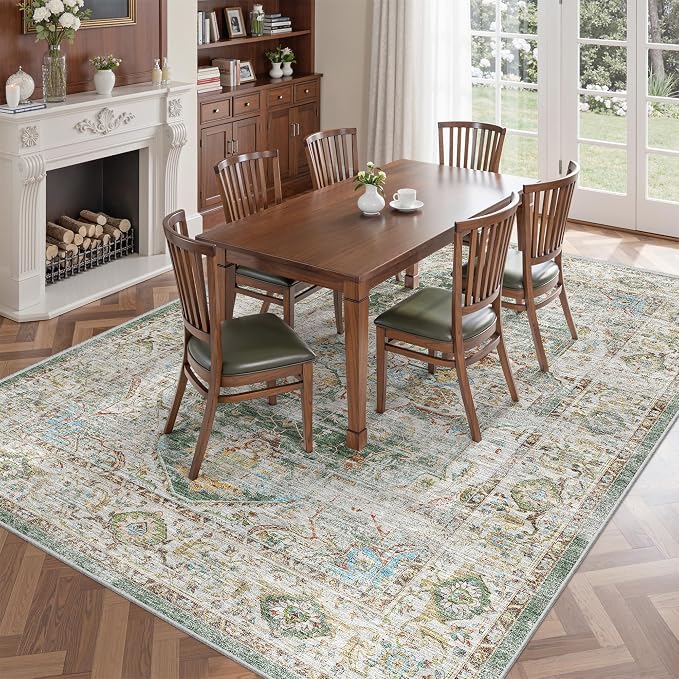 befbee 6x9 Area Rugs for Living Room - Stain Resistant Non-Slip Backing Machine Washable Rugs for Bedroom - Boho Persian Large Area Rug (Green, 6'x9')