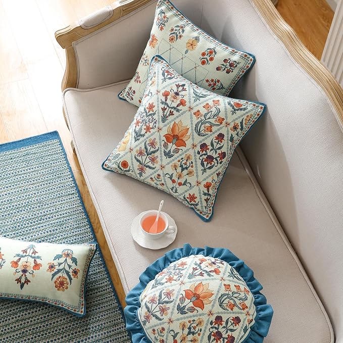 ISAENNE Designer Elegant Linen Throw Pillow Cover,Set of 4-Floralsea Set | French Cottage Pillow Cover,Concealed Zipper,Floral Pattern,Sofas,Bedroom,Living Room,Lounge Chairs,All Season Home Decor