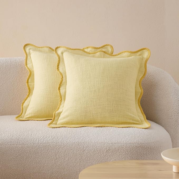 Double Stitch Scalloped Throw Pillow Covers - 100% Cotton Set of 2 Decorative Boho Pillow Covers 20 x 20, Made in India, Square Cushion Case, Modern Home Decor for Couch Sofa, Lemon Yellow