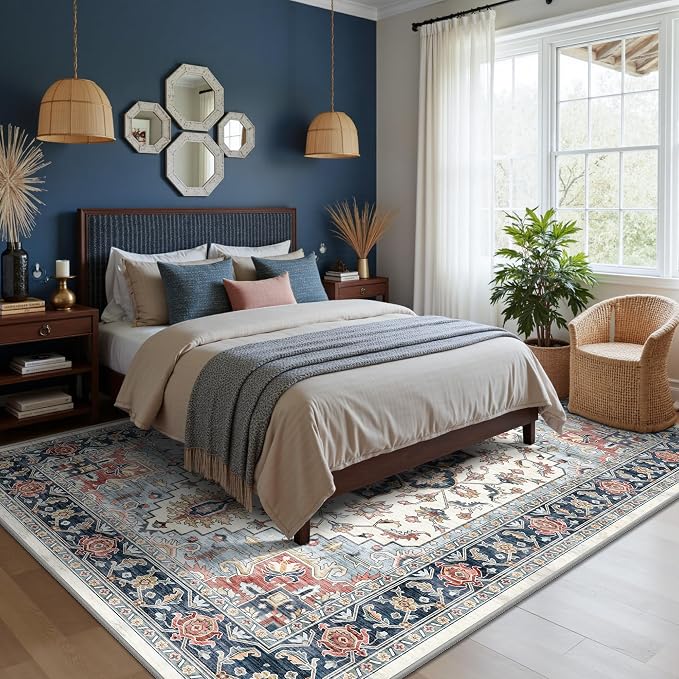 5x7 Area Rugs - Washable Rug Vintage Distress Boho Medallion Rugs for Living Room, Soft Non-Slip Backing Low Pile Carpet for Bedroom Dining Room Office Nursery Dorm Home, Blue Beige Orange
