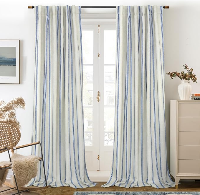 DriftAway Farmhouse Stripe Blackout Curtains, W52xL84, Navy | Blackout, Linen Texture, Stripe Pattern, Rod Pocket & Back Tab, Two Layers, Bedroom Living Room Use, Sound Reducing Design