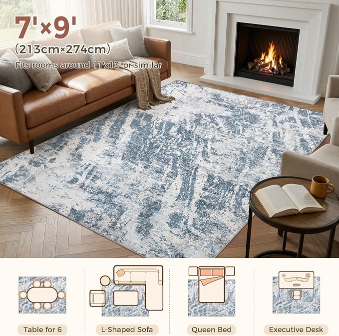 DMOYEST 7x9 Washable Area Rug: Abstract Modern Non-Slip Carpet, Soft Low Pile Indoor Neutral Easy Clean Floor Rugs for Living Room Bedroom Dining Room Kids & Pets - Blue