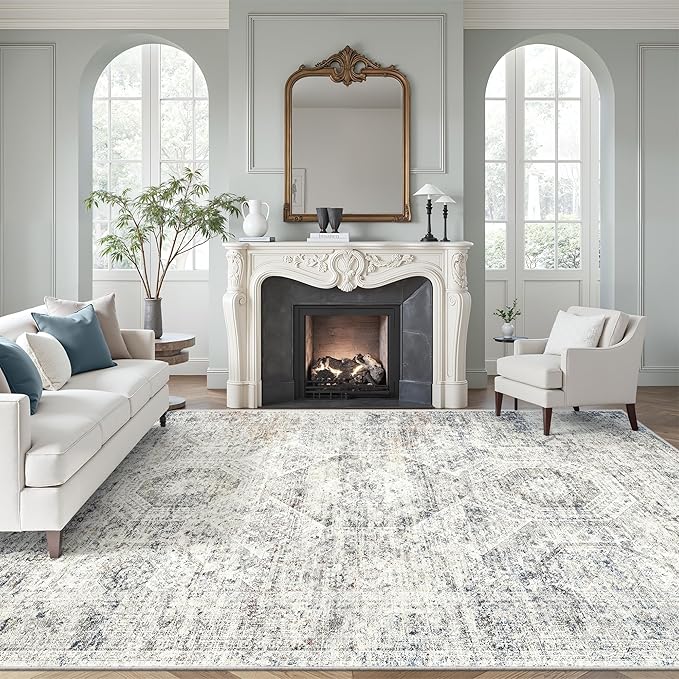 Soalmost Area Rug 10x12 Vintage Washable Living Room Large Carpet Non Slip Bedroom Indoor Office Dining Room Low Pile Thin Rug Blue Ivory