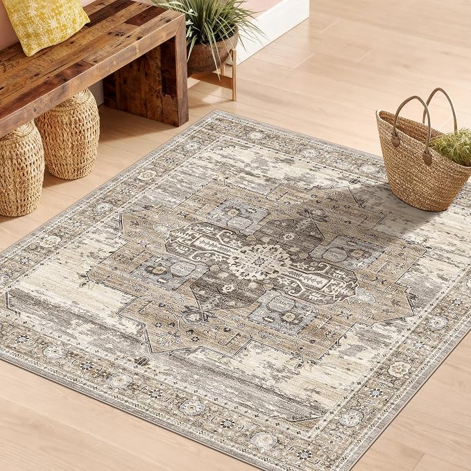 RUUGME Soft 3x3 Rug Living Room - Throw Rugs for Bedroom Vintage Tribal Rugs for Married Woman in Bedroom Kitchen with Non Slip Backing Home Decor 3x3 Beige