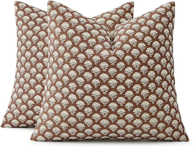 MIULEE Set of 2 Decorative Floral Throw Pillow Covers Neutral Vintage Fall Block Print Boho Farmhouse Cushion Covers for Modern Spring Home Decor Couch Sofa Bed Living Room, 18x18 Inch, Dark Brown