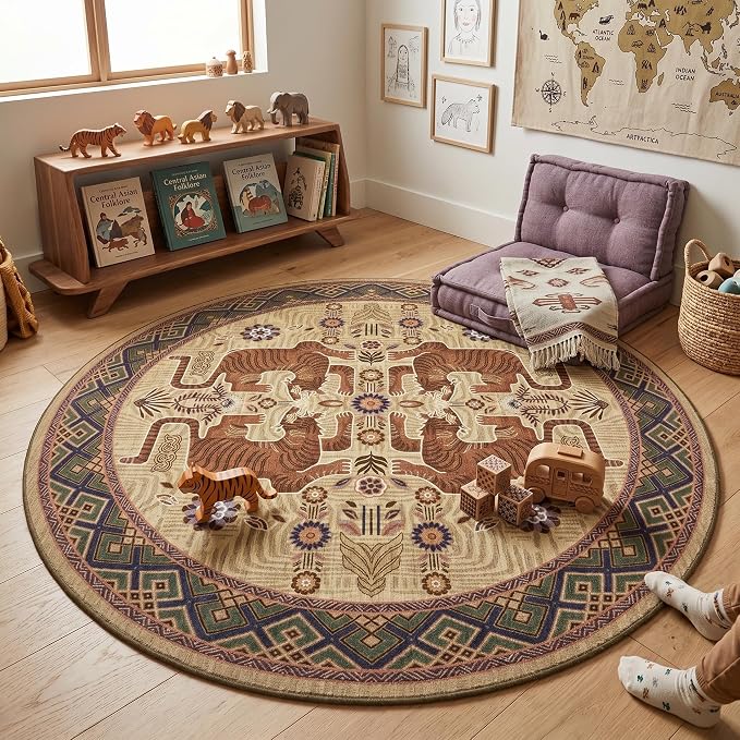 GarveeHome Tiger Round Area Rugs for Kids Room, 6ft Boho Brown Animal Print Circle Rugs Non Slip, Washable Vintage Tribal Floor Carpet for Dining Room Entryway Nursery Playroom Office
