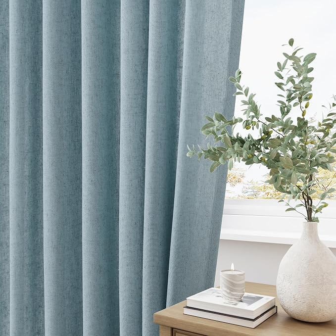 Blue Pleated Linen Curtains 96 Inches Long for Living Room 2 Panels Semi Sheer Light Filtering Pinch Pleat with Hooks Back Tab Drapes Modern Boho 96 Inch Curtain for Bedroom Window Dusty Stone Blue