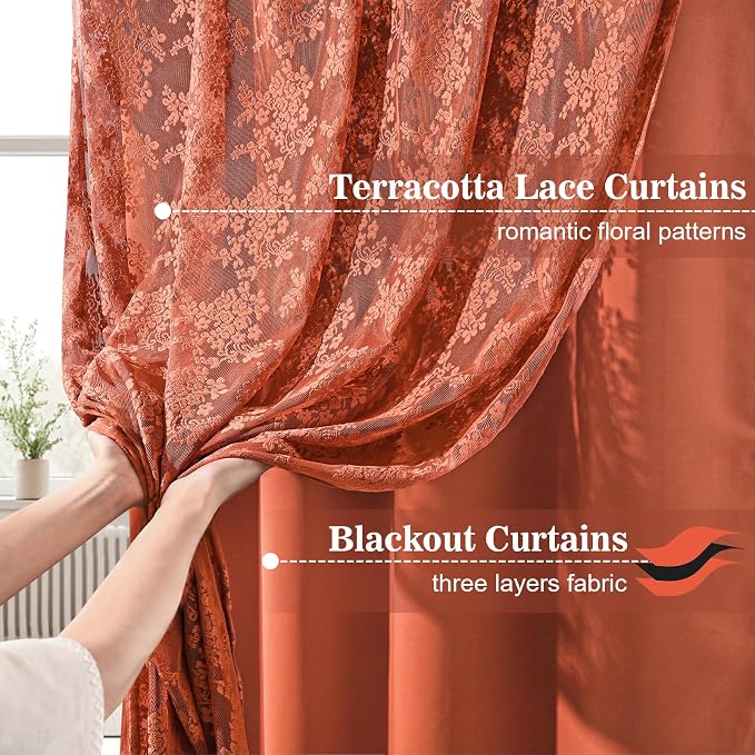 Yinhua Terracotta Kitchen Curtains 36 Inch Length Double Layer Curtain Farmhouse Blackout Curtains for Kitchen Rod Pocket Short Curtain for Windows, Bathroom, Living Room, 2 Panels